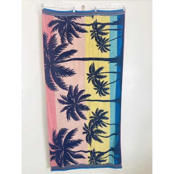 Vintage Oeko -Tex Beach Towel Retro Thick Tropical Palm Trees Blue Green Yellow - Picture 1 of 9